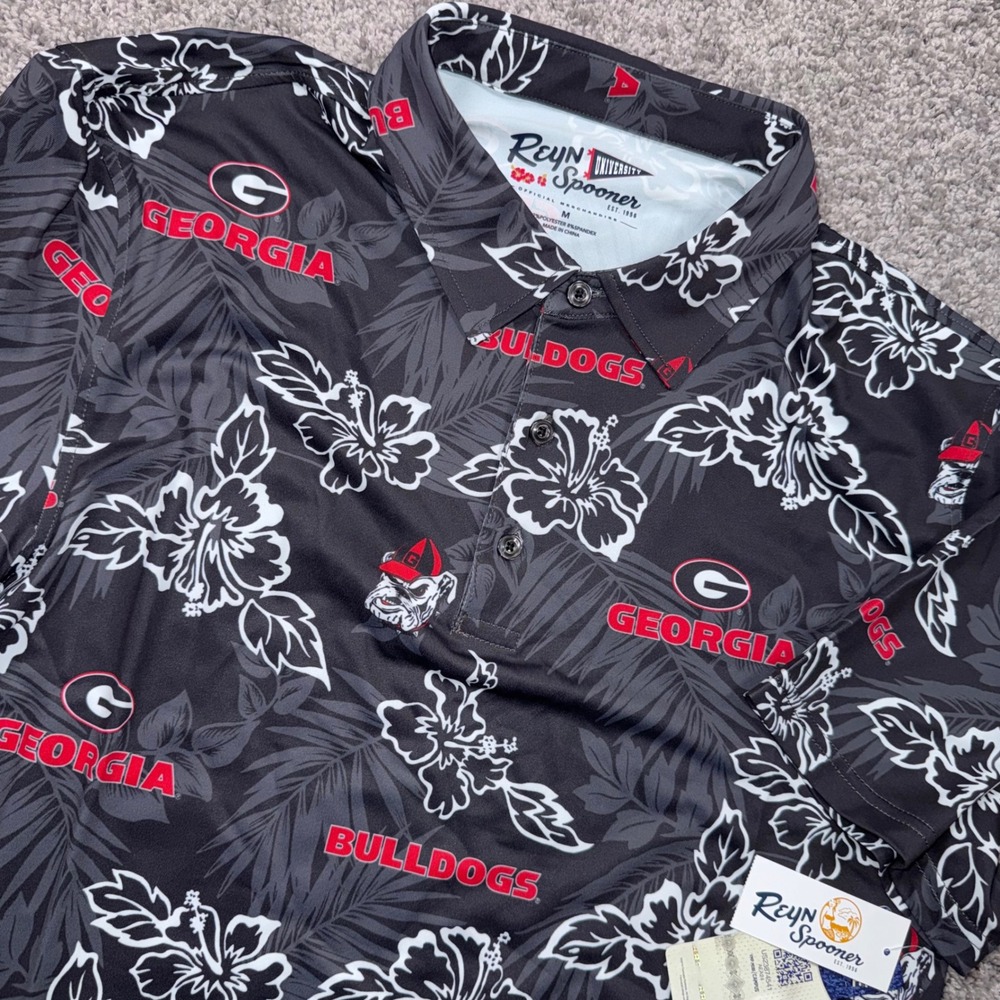 Georgia Bulldogs Reyn Spooner Polo Mens Stretch Floral Tropical Black Medium NEW